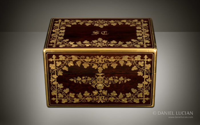 French Antique Jewellery Box in Rosewood with Grapevine Brass Inlay, by Aucoc.