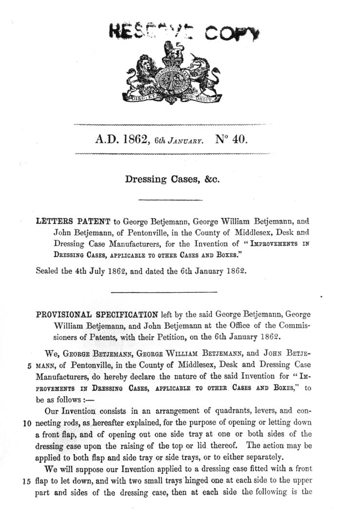 Copy of Betjemann's original patent documentation for their 'Automatic' opening mechanism - Page 1.