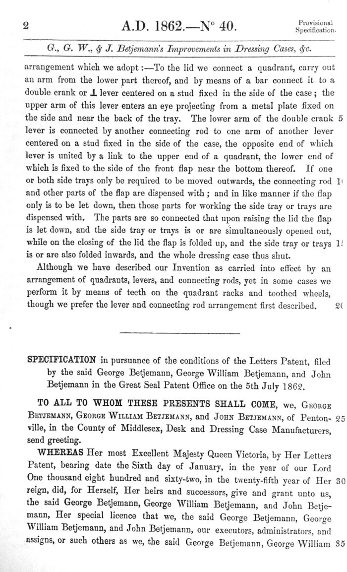 Copy of Betjemann's original patent documentation for their 'Automatic' opening mechanism - Page 2.