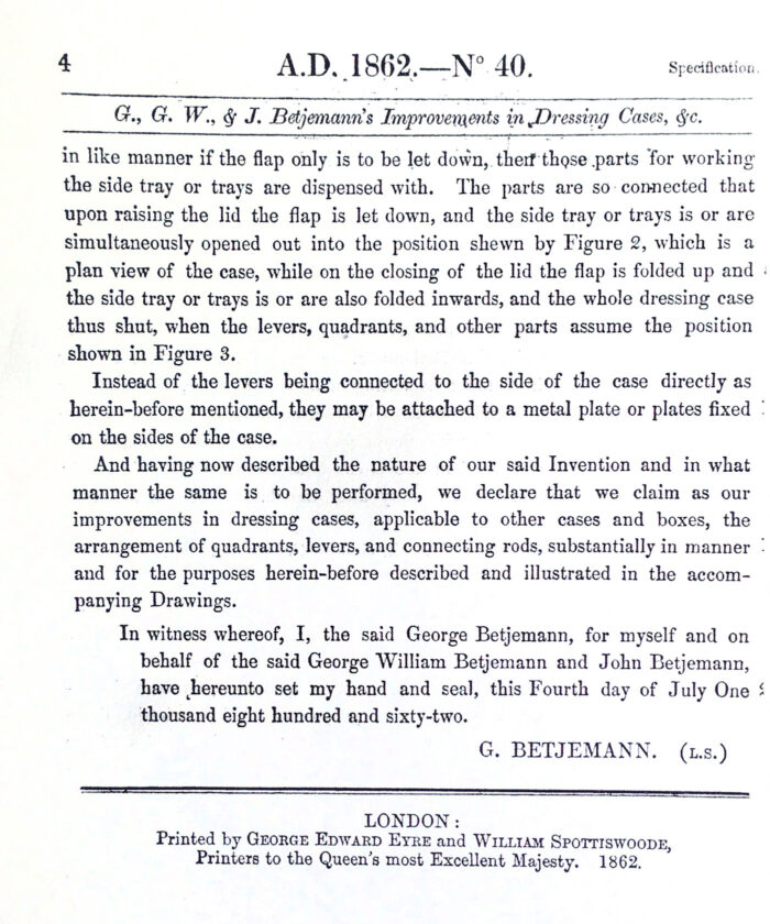 Copy of Betjemann's original patent documentation for their 'Automatic' opening mechanism - Page 4.