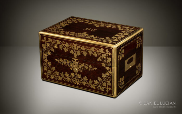 French Antique Jewellery Box in Rosewood with Grapevine Brass Inlay, by Aucoc.