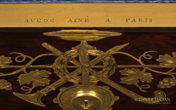 'Aucoc Ainé à Paris' engraved manufacturer's mark on a French antique jewellery box in rosewood with grapevine brass inlay.